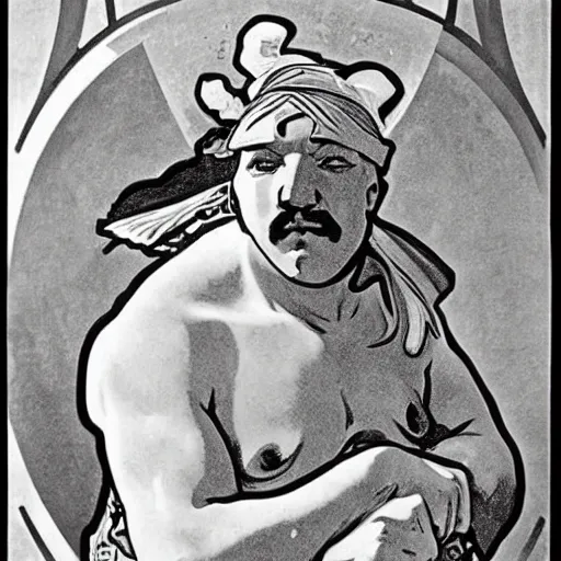 Image similar to Obelix posing without his helmet on by Alphonso Mucha