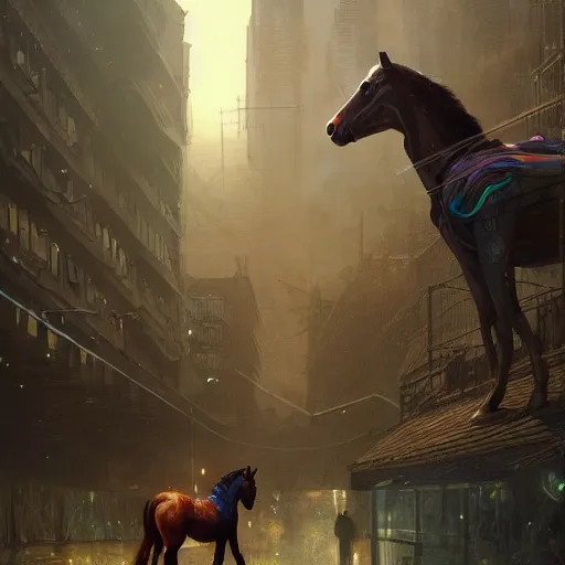 Image similar to photo of VAZ2105 virtual horse as a loading screen, intricate, dystopian, sci-fi, extremely detailed, digital painting, artstation, concept art, smooth, sharp focus, illustration, intimidating lighting, incredible art by artgerm and greg rutkowski and alphonse mucha and simon stalenhag