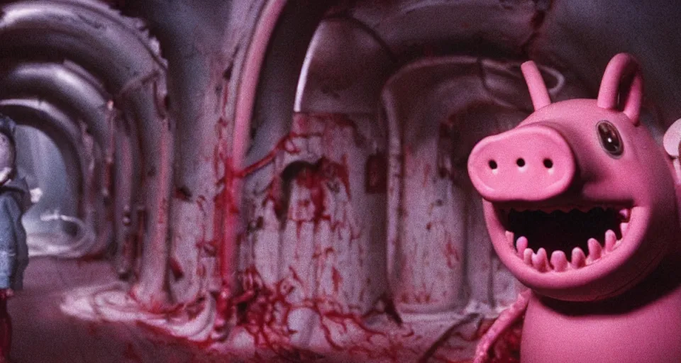 Image similar to peppa the pig infected by xenomorph from movie alien 1 9 7 9, staying at nostromo spaceship. extreme long shot, 4 k, cinestill, giger, hermann nitsch, dark colors