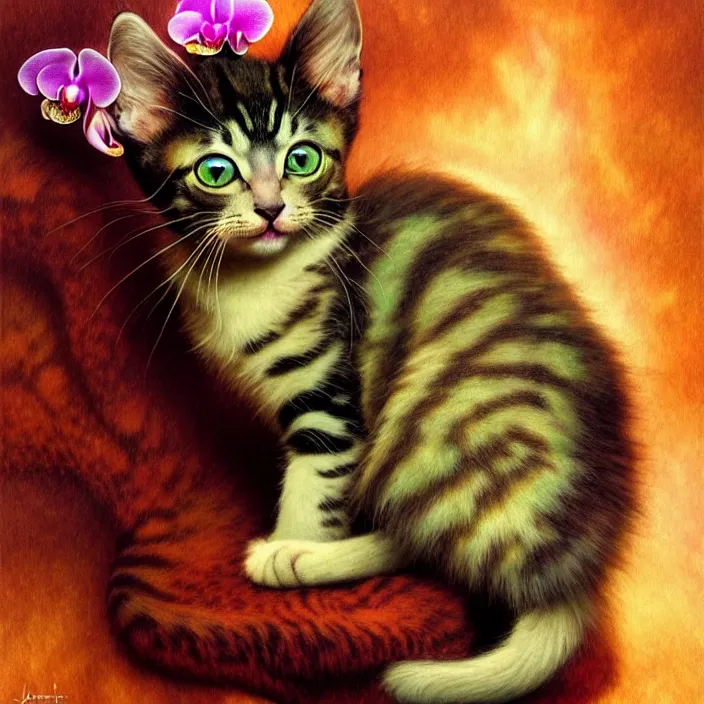 Image similar to psychedelic kitten made of orchid, diffuse lighting, fantasy, intricate, elegant, highly detailed, lifelike, photorealistic, digital painting, artstation, illustration, concept art, smooth, sharp focus, art by John Collier and Albert Aublet and Krenz Cushart and Artem Demura and Alphonse Mucha