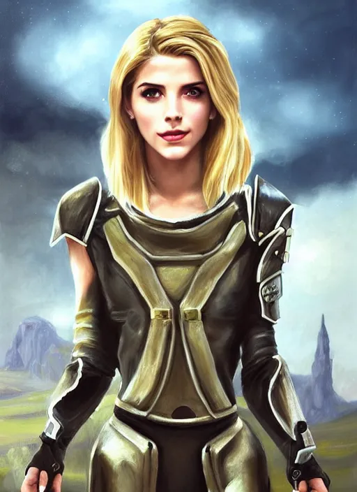 Image similar to portrait of a combination of Ashley Greene, Katheryn Winnick, Victoria Justice and Adriana Dxim, Grace Kelly, Emma Watson and Lily Collins with blonde hair wearing Terran Armor from StarCraft, countryside, calm, fantasy character portrait, dynamic pose, above view, sunny day, thunder clouds in the sky, artwork by Jeremy Lipkin and Giuseppe Dangelico Pino and Michael Garmash and Rob Rey and Greg Manchess and Huang Guangjian, very coherent asymmetrical artwork, sharp edges, perfect face, simple form, 100mm