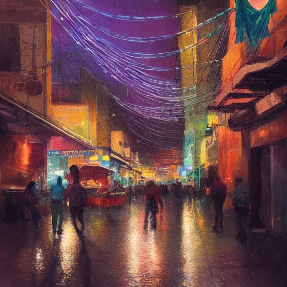 Image similar to Downtown Mexico, string lights, colorful lighting, night, realism, by Tooth Wu, by Lienzo Óleo Paisaje, by Greg Rutkowski