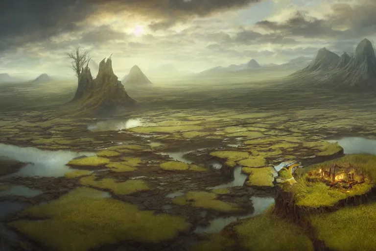 Image similar to aerial view, cinematic fantasy painting, dungeons and dragons, a faerie village hovels, swamp reeds wetland marsh estuary, with sunset lighting ominous shadows, an egret by jessica rossier and brian froud cinematic painting