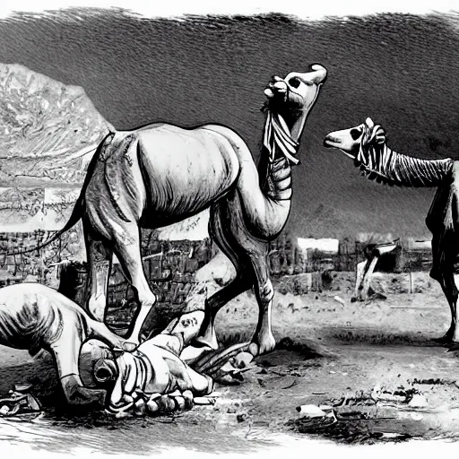 Image similar to Camels wrestling whilst pinocchio plays the accordion by james gurney, disney and Dan hillier, 8k, artstation