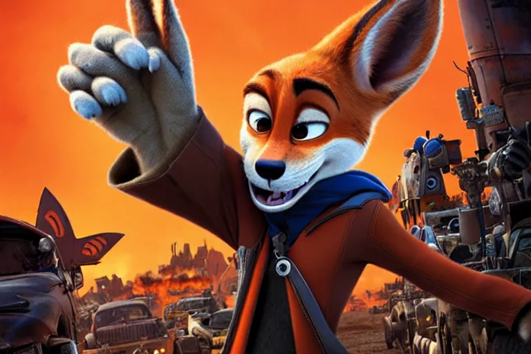 Image similar to nick wilde ( from zootopia ), heavily armed and armored facing down armageddon in a dark and gritty reboot from the makers of mad max : fury road