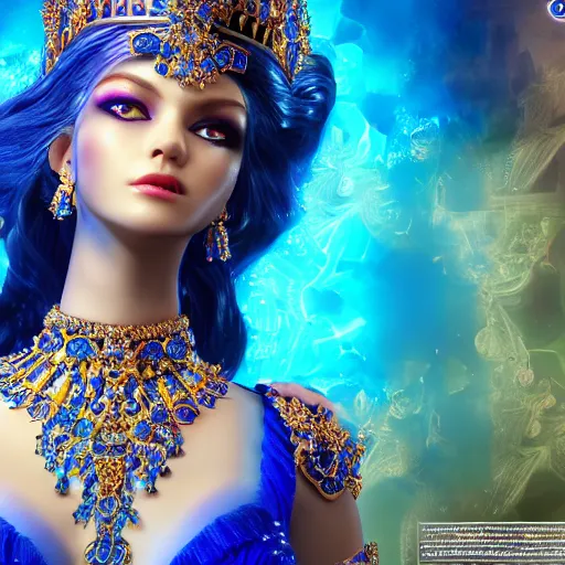 Image similar to photo of wonderful princess of sapphire with fair skin, she has her eyes closed, glowing, ornate and intricate blue jewelry, jaw dropping beauty, eyepopping colors, dynamic lighting, glowing background lighting, blue accent lighting, photorealistic, hyper detailed, award winning photography, 4 k octane render