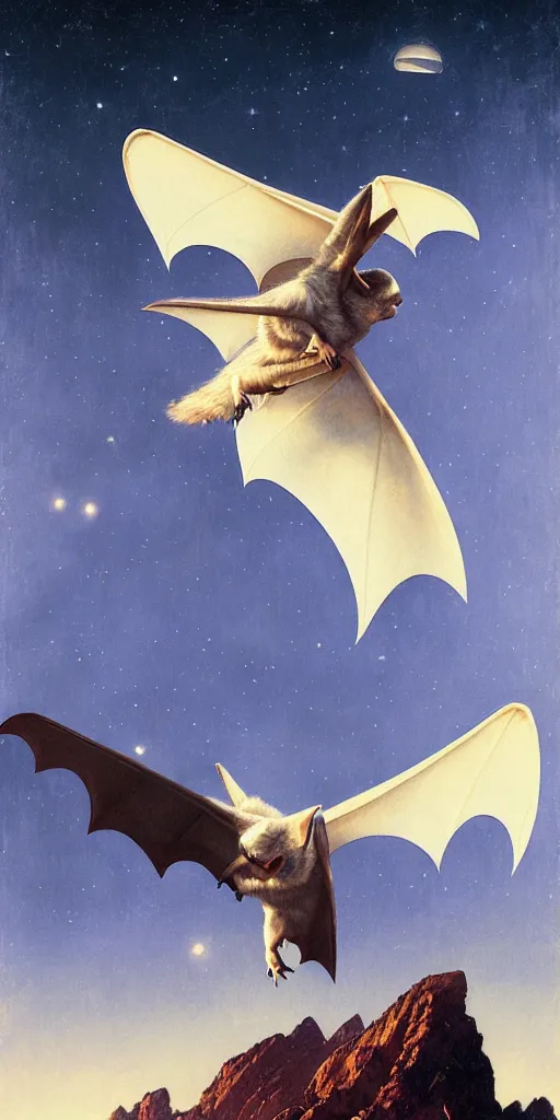 Image similar to a white bat, flying against a night sky, mountain in the background, moonlight, denoised, very detailed, painted by james gurney, norman rockwell, tom bagshaw