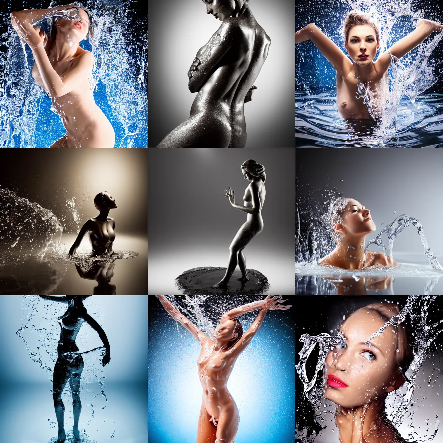 Prompt: perfect statue of a woman ( desgined by apple ) in a splash of water, studio photo, studio lights, macro shot