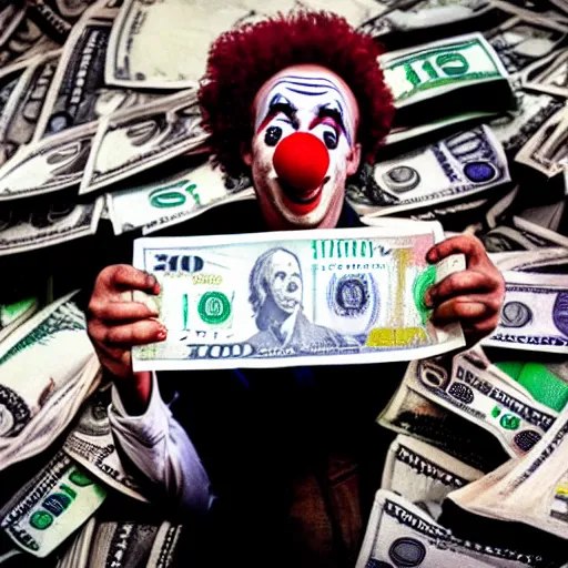 Image similar to A clown holding a dollar banknote, background is a slum, cinematic, epic, highly-detailed, photo realistic