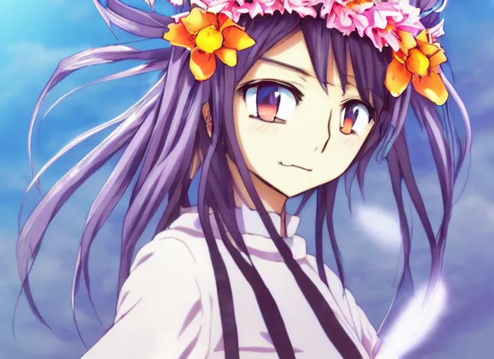 Prompt: ;Weekly Shonen Jump Issue 14, cover, 2000 A illustrative illustration of the perfect anime waifu with a flower crown of fantasies 'anime illustration japanese very very beautiful cute girls doing cute things trending on artstation pixiv makoto shinkai smiling super detailed eyes eyebrowless symmetry face visual novel hairpin star