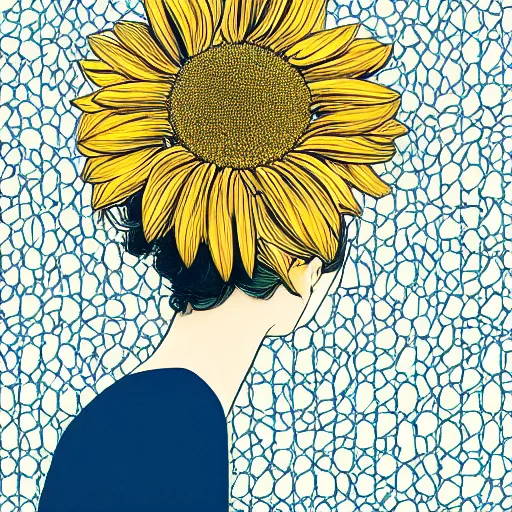 Prompt: closeup, huge daisy flower as a head, woman standing in modern apartment, surreal, dramatic light, by victo ngai by james jean, by rossdraws, frank franzzeta, mcbess