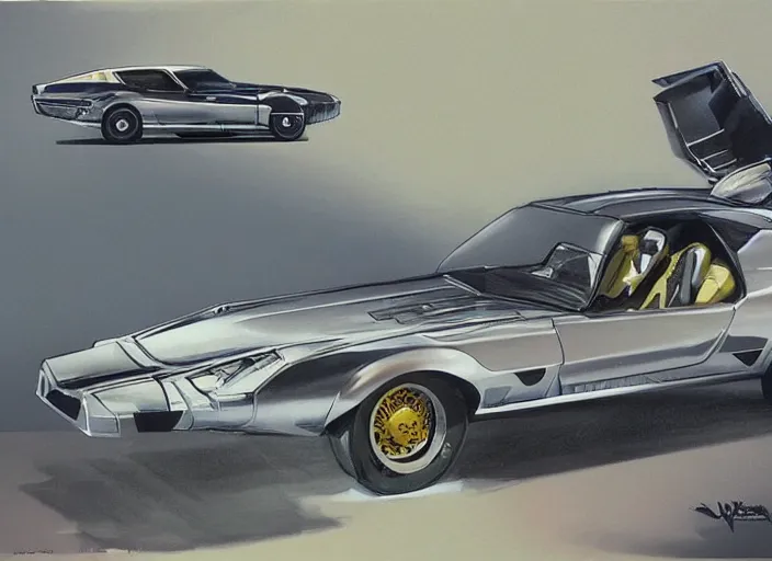 Prompt: ( ( ( ( ( retro futuristic car concept art, 1 9 8 2 pontiac trans am, jaguar e - type, car concept art, sci - fi illustration, painting, technical illustration ) ) ) ) ) by vincent di fate and john berkey and star wars and danger diabolik!!!!!!!