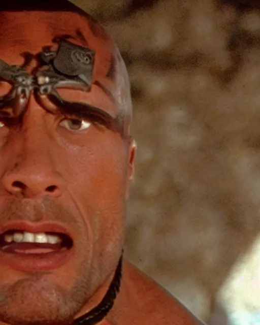 Image similar to film still close up shot of dwayne johnson in the movie mad max 2 the road warrior. photographic, photography