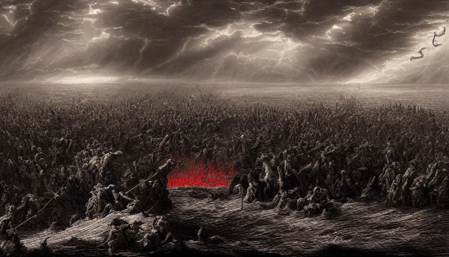 Prompt: bloody river in hell, by Gustave Dore, people walking into the horizon, red river, dragon flying in sky, trending on artstation