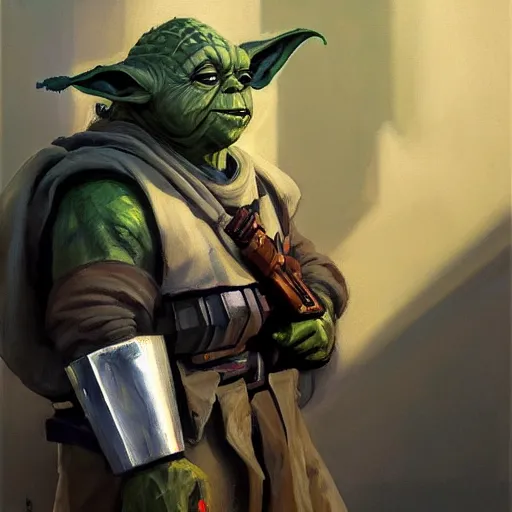 Image similar to greg manchess portrait painting of armored yoda as overwatch character, medium shot, asymmetrical, profile picture, organic painting, sunny day, matte painting, bold shapes, hard edges, street art, trending on artstation, by huang guangjian and gil elvgren and sachin teng