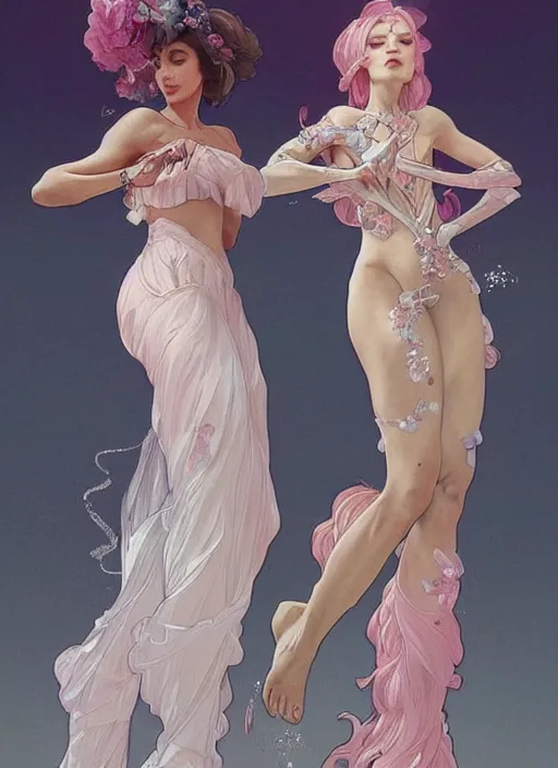 Prompt: a couple made of sparkling crystal, diamond and rose quartz, full body view, beautiful high quality realistic fantasy art, trending on artstation by artgerm and greg rutkowski and alphonse mucha