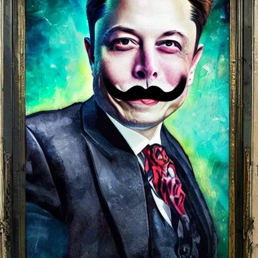 Image similar to grim-hatter elon musk with evil mustache grinning, cinematic, dark oil paint, realistic flavor, decaying rich colors!, photograph by elon musk