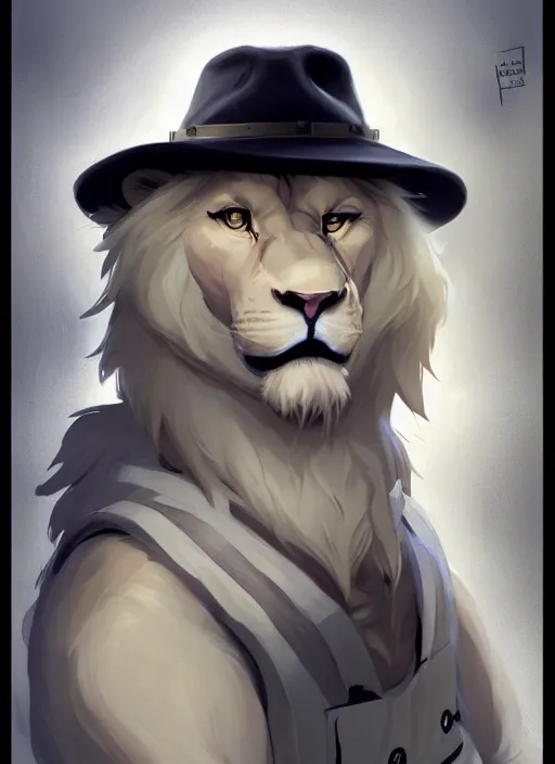 Image similar to aesthetic portrait commission of a of a male fully furry muscular anthro albino lion wearing attractive builders outfit with builders hat. Character design by charlie bowater, ross tran, artgerm, and makoto shinkai, detailed, inked, western comic book art, award winning film poster painting