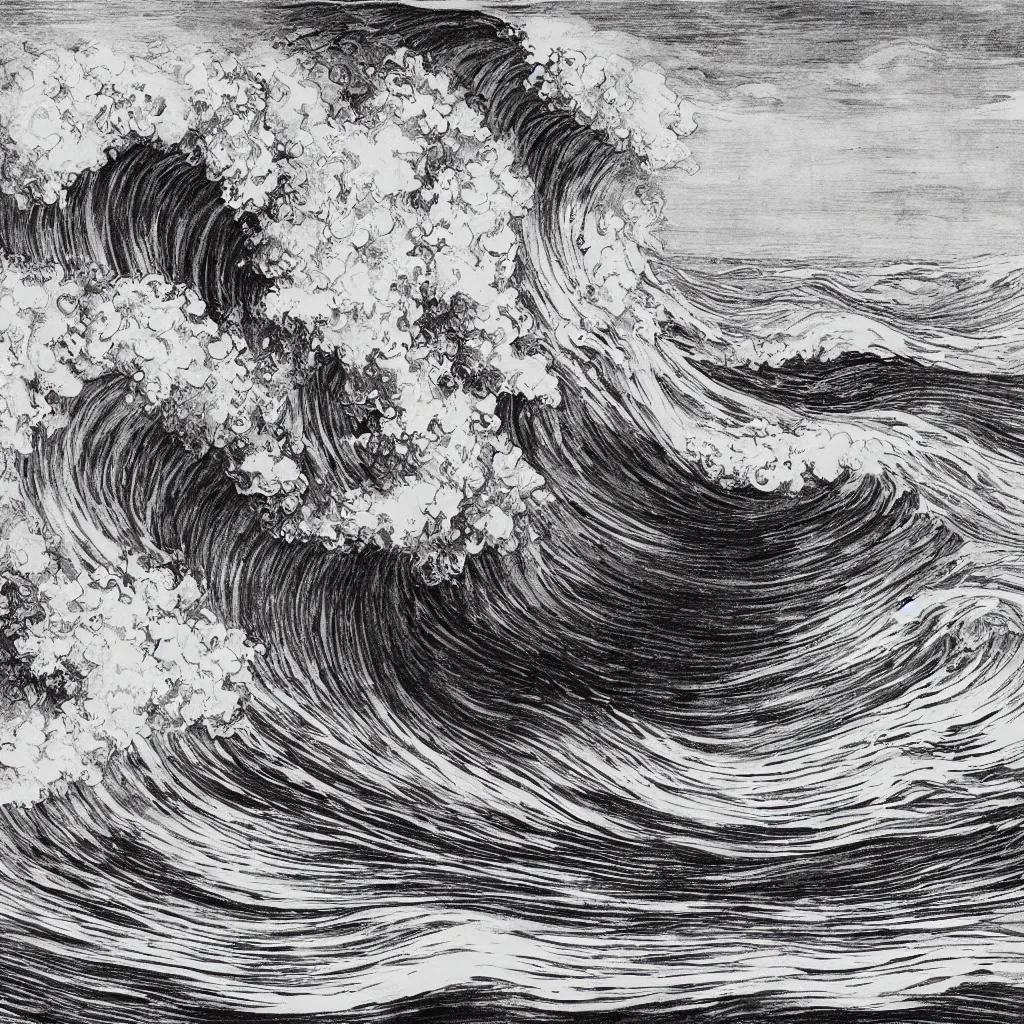 Image similar to an beautiful painting of one single hawaiian wave painted by albrecht durer, monochromatic color scheme, high detail, breathtaking wave, lineart, line art, soft colors, simplicity