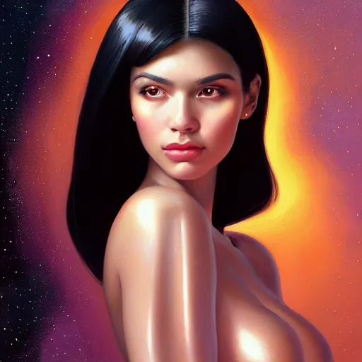 Prompt: a portrait of a very beautiful woman in a spacesuit, Alexandria\'s genesis, shoulder-length black hair, bored, illustration, soft lighting, soft details, painting oil on canvas by mark arian by artgerm, trending on artstation, 4k, 8k, HD, infographic, sci-fi marginalia, holographic