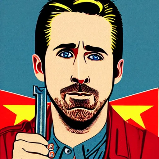 Image similar to realistic portrait of ryan gosling as a soviet mechanic, with a huge wrench, futuristic, highly detailed, 8 0 - s style poster, sharp focus, illustration, art by kawase hasui,