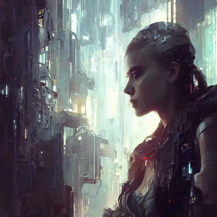 Image similar to female cyberpunk, beautiful face, rule of thirds, intricate outfit, spotlight, by greg rutkowski, by jeremy mann, digital painting