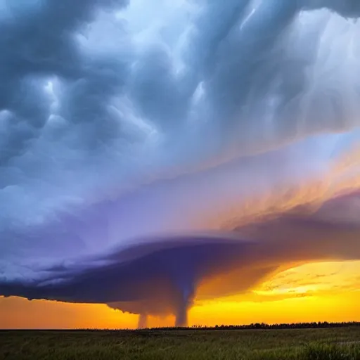 Prompt: fantastic shot of a mature supercell thunderstorm, illuminated at varying heights by the setting sun. dslr