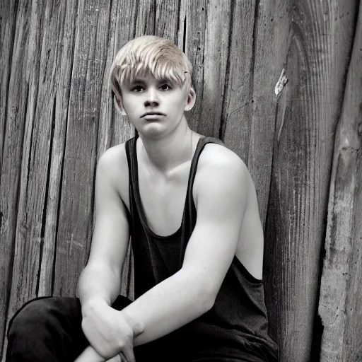 Prompt: Portrait of a sad looking teenage boy, around 20 yo, natural blonde hair and smooth pale skin, fisher net tanktop. Award winning photograph.