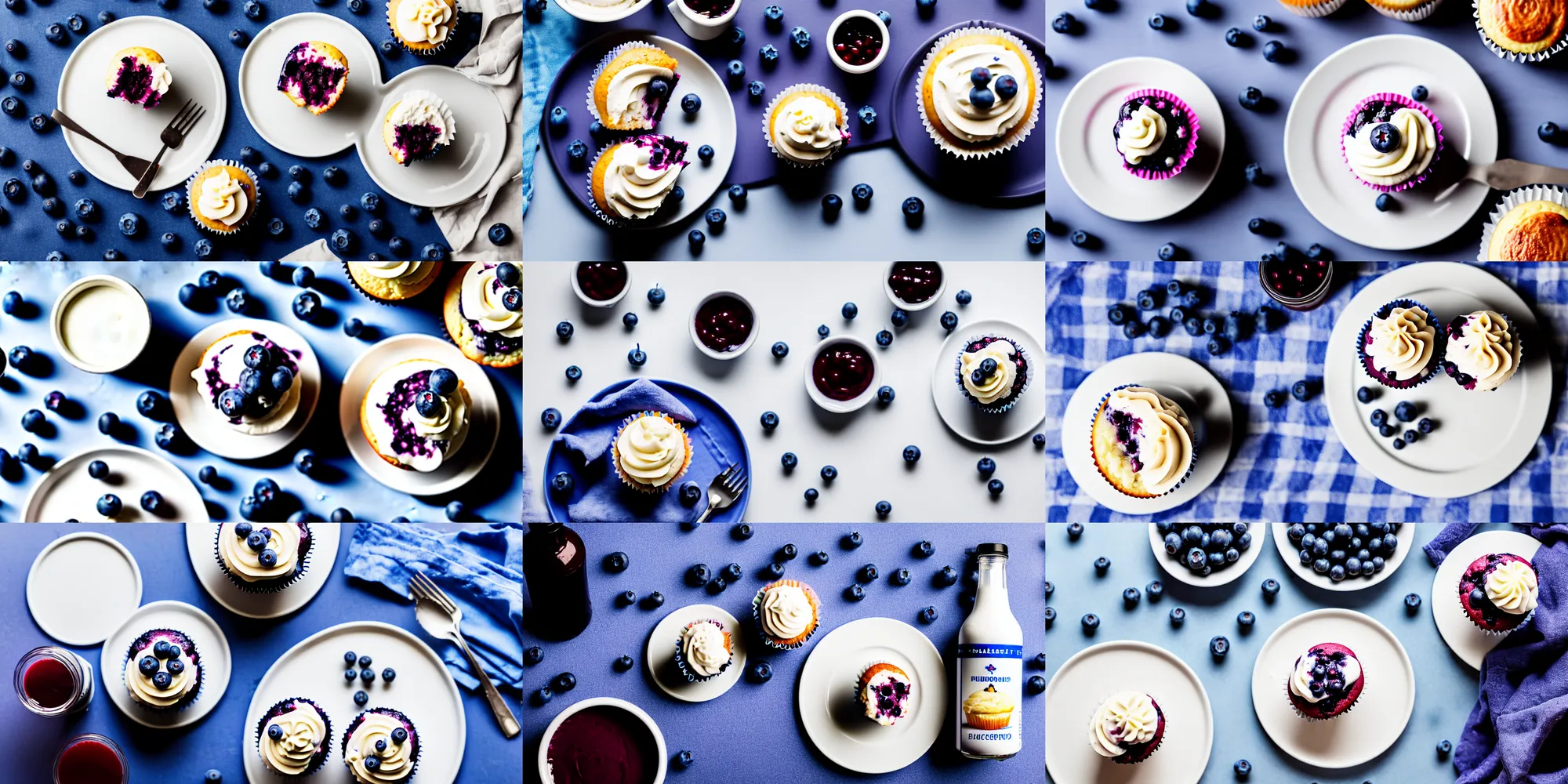 Prompt: dslr food photograph of a blueberry cupcake white creme topping and a bottle of blueberry sauce on the side, aerial view, narrow shot, hasselblad, 1 0 0 mm f 1. 8