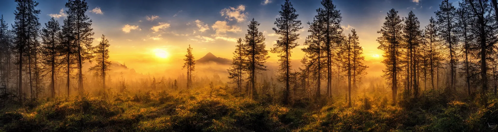 Prompt: beautiful foggy forest mountain landscape with a majestic sunrise, art, high detail, high definition, photorealistic, hdr,