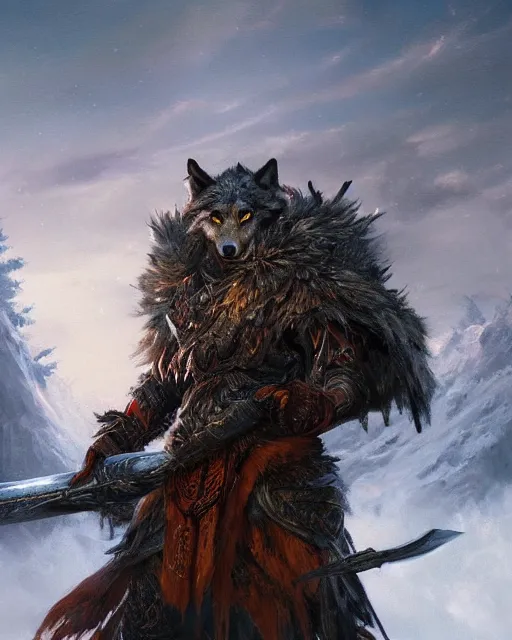 Prompt: oil painting of Anthropomorphized Wolf Warrior, wearing intricate fur armor, sharp focus, holding magical fiery Sword, magical aura, heroic pose, fantasy style, octane render, volumetric lighting, 8k high definition, by greg rutkowski, highly detailed, trending on art Station, magic the gathering artwork, magical Battlefield backround, centered