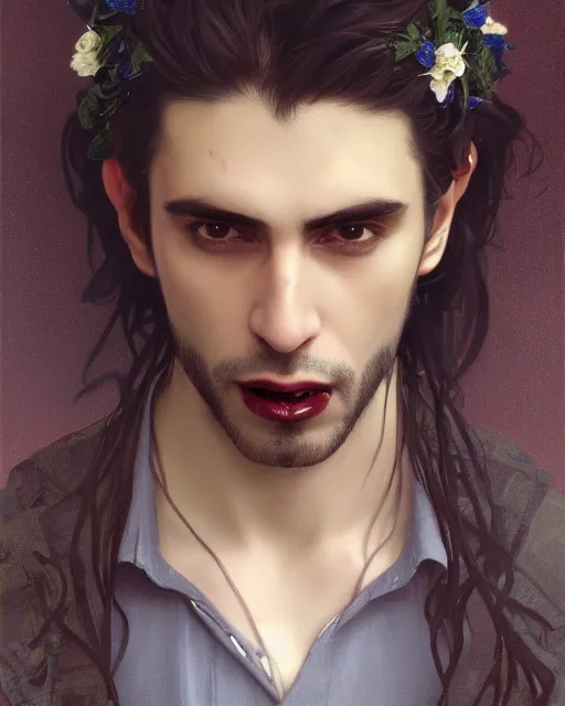 Prompt: 3 / 4 portrait, male vampire, brown skin, long dark hair, dark blue shirt, beautiful, flowers, blood on mouth, detailed background, elaborate jewelry, earrings, artstation, alphonse mucha, william bouguereau, rossdraws, greg rutkowski, super detailed, illustration, realistic, octane render, sharp focus, cinematic, 8 k