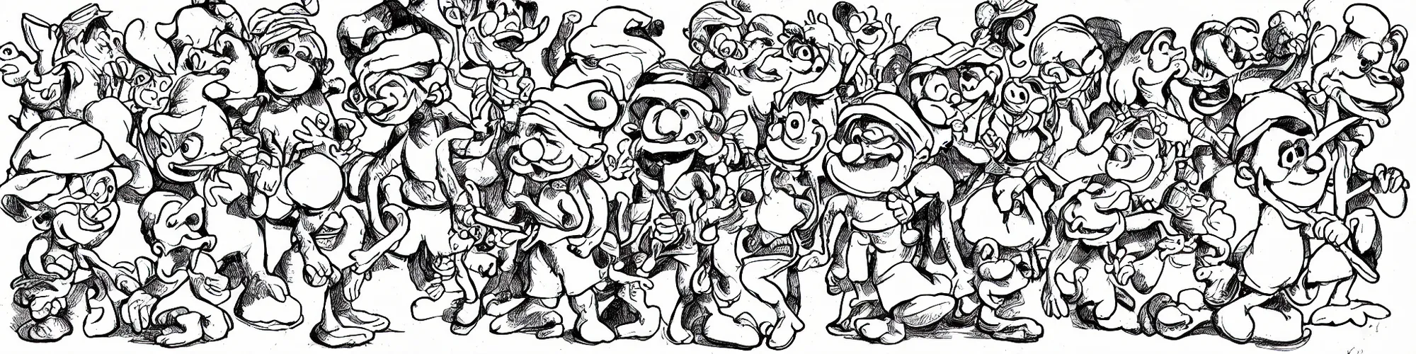 Prompt: smurfs and long whitr bones black and white, line art, pen & ink drawing