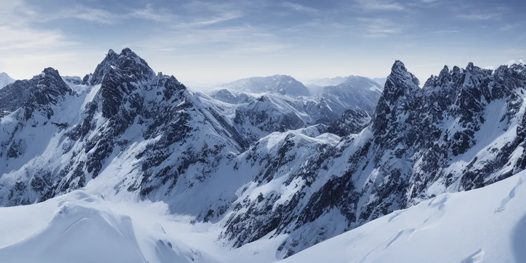 Image similar to Endless snowy mountain range, Marcin Rubinkowski, Lorenzo Lanfranconi, trending on Artstation, ultra wide angle