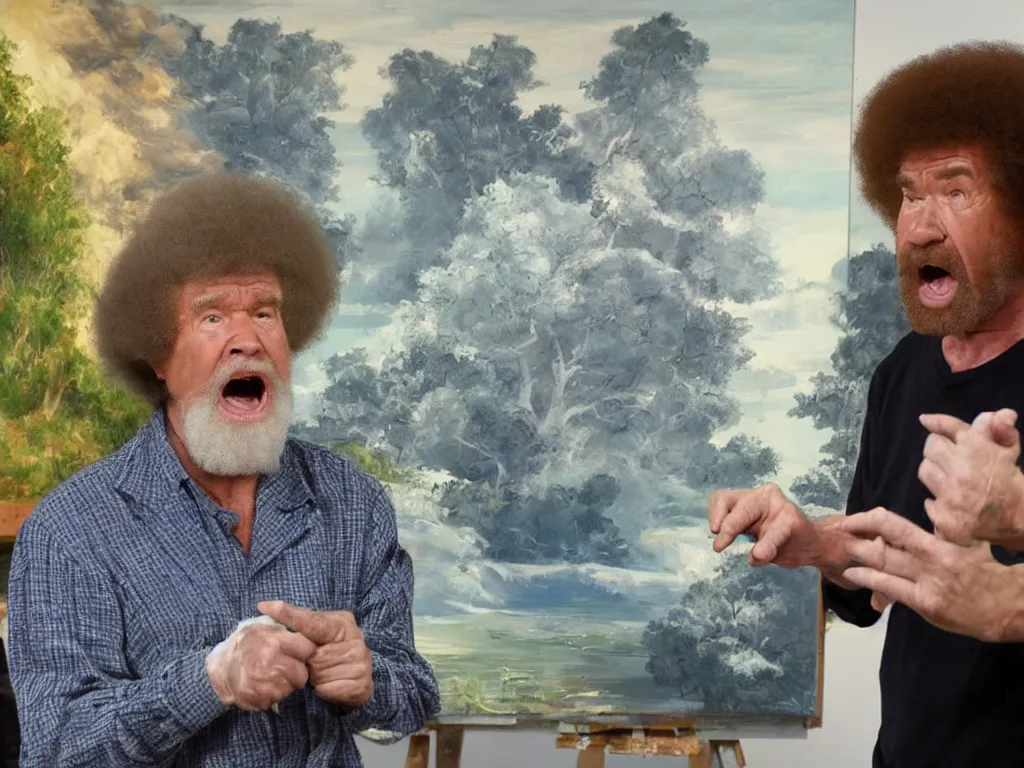 Image similar to old bob ross is sad and angry and yelling at a huge painting by bob ross