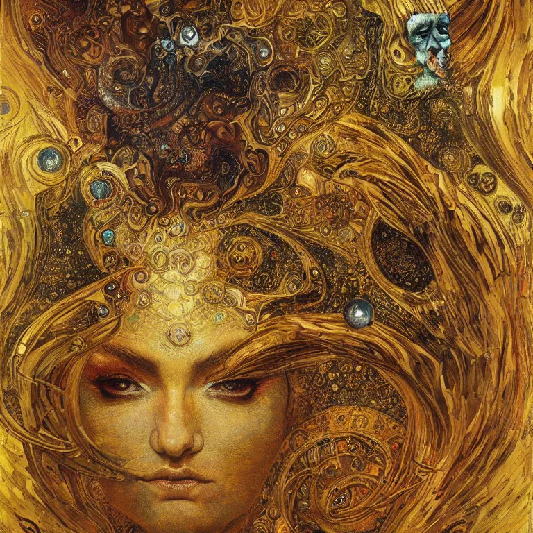 Image similar to Divine Chaos Engine by Karol Bak, Jean Deville, Gustav Klimt, and Vincent Van Gogh, visionary, sacred fractal structures, ornate gilded medieval icon, spirals, 8k 3D