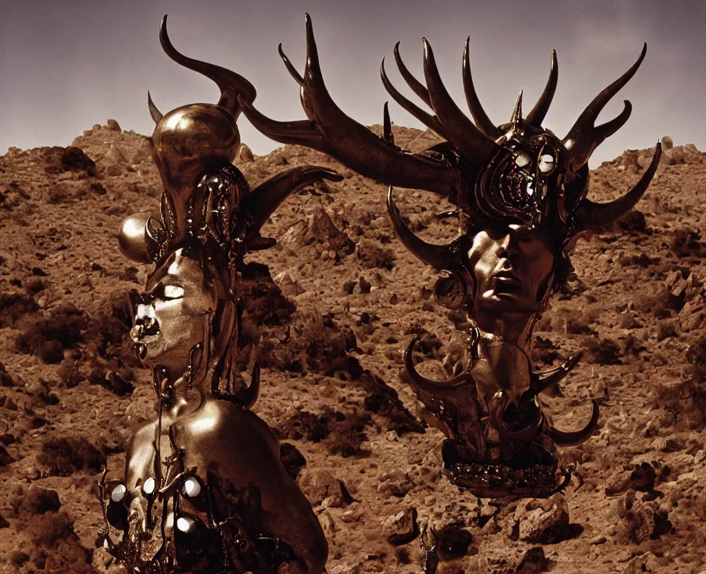 Image similar to portrait of salvador dali wearing a horned crown and costume with jewels in a dry rocky desert landscape, alien spaceship by giger, film still from the movie by alejandro jodorowsky with cinematogrophy of christopher doyle and art direction by hans giger, anamorphic lens, kodakchrome, very detailed photo, 8 k