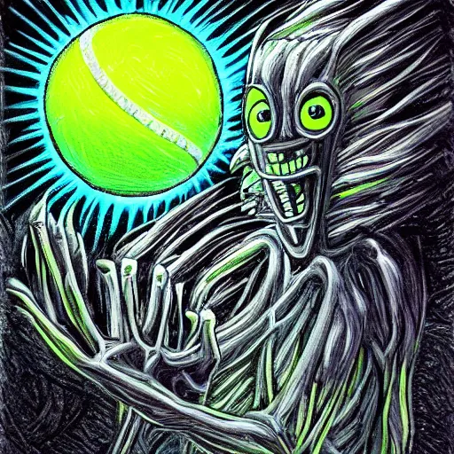 Prompt: a tennis ball monster alien, digital art, fantasy, magic, chalk, trending on artstation, ultra detailed, professional illustration by basil gogos