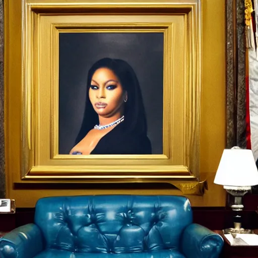 Image similar to president photo of Nicki Minaj real portrait, flag of Argentina behind, background out of focus, in the presidential room,