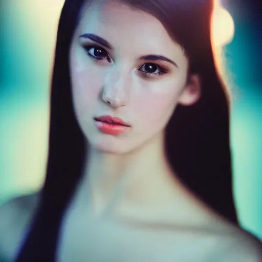 Prompt: professional studio portrait of a very beautiful young woman, lens flare, glow filter, dramatic lighting, cinematic, 5 0 mm f 1. 4 fuji 4 0 0 h