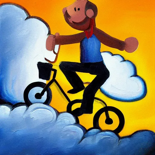 Image similar to A whimsical painting of a happy man flying in the sky on his bicycle in the clouds, expressive oil painting, digital art