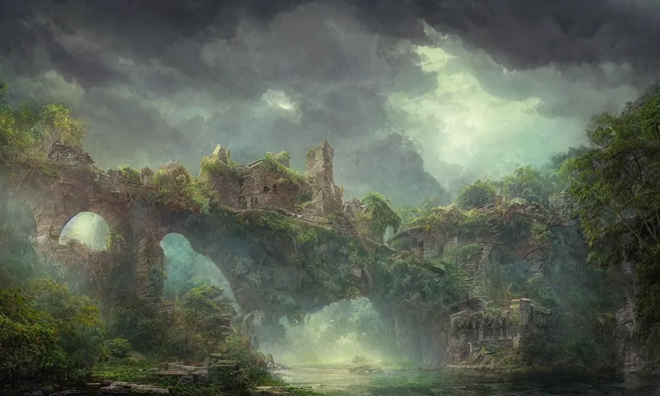 Image similar to a suspension bridge leading to a small flying island in the sky with the ruins of a tower, stunning digital illustration, by james gurney, cinematic lighting, intense colors, beautiful composition, detailed, mystical, beautiful and mysterious