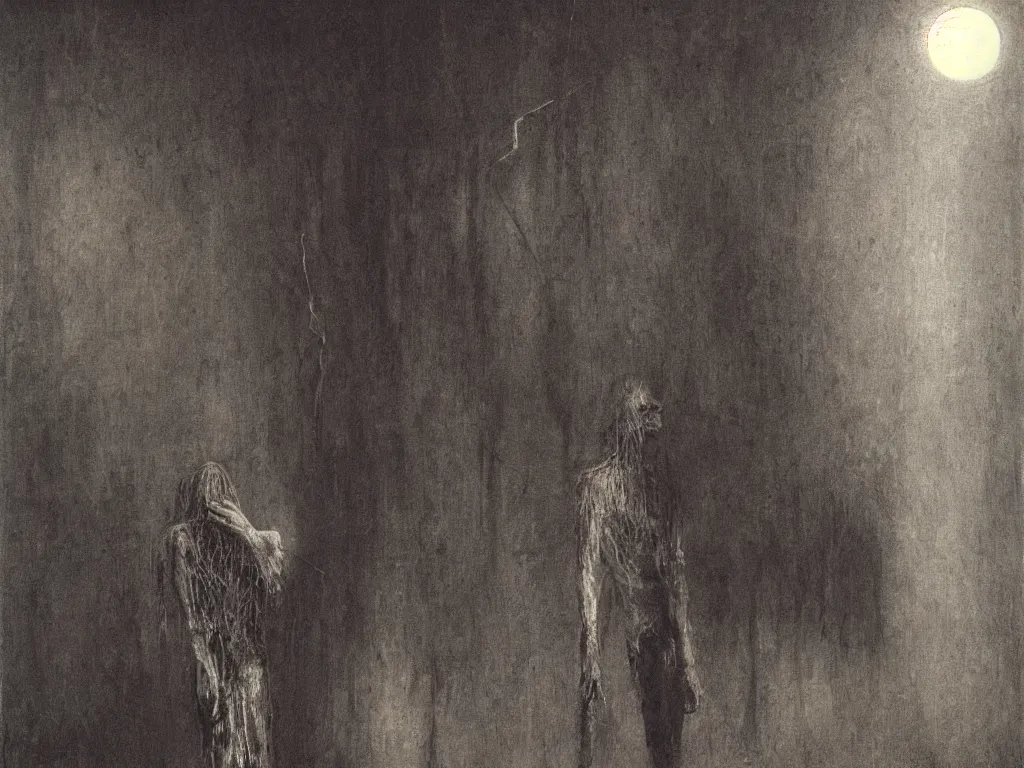 Image similar to a young slender man with a long red hair experiencing a nightmarish psychosis in a dark alley, full moon lighting, Painting by Beksinski, Max Ernst, Eric Lacombe, Eugene Berman