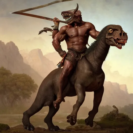 Prompt: Dark Skinned Orc Barbarian slaying a mounted dinosaur in a roman style coliseum, Oil Painting, hyperrealistic, octane render, Detailed Digital Art, RPG scene, William-Adolphe Bouguereau, Michael Cheval, dynamic lighting, Highly Detailed, Cinematic Lighting, 8k, HD