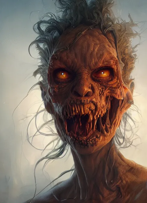 Image similar to highly detailed portrait of pumpkinhead, realistic, horror, fantasy art by greg rutkowski, stanley artgerm, loish, rhads, tom bagshaw, global illumination, radiant light, detailed and intricate environment