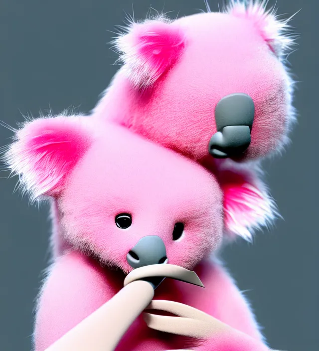 Image similar to high quality 3 d render hyperrealistic very cute small pink koala smoking weed joint, rising smoke, plush mascot, short spiky dense fluffy smooth hair, photo from the side, pink fluffy fur, 1 5 0 mm, beautiful natural soft light, rim light, vray, smooth background, artstation, ultra detailed