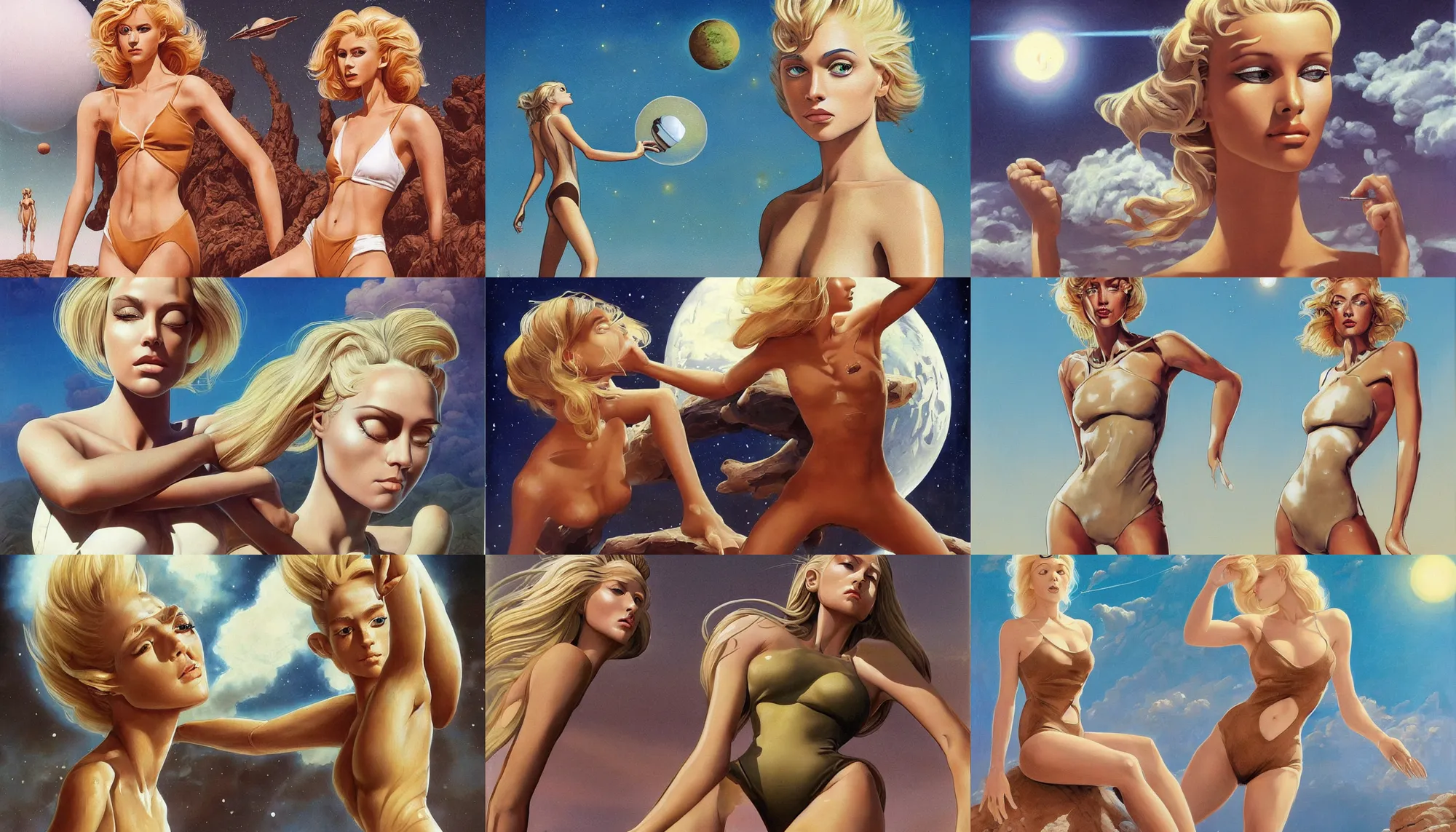 Prompt: A mixed media painting of a very beautiful light-brown-hair / blonde woman on an alien planet, elegant, aesthetic!!! symmetrical face and eyes, piercing gaze, photorealistic, model, wet, white high waisted swimsuit, starship-troopers, alien planet, eighties pinup style, by Frank Frazetta, Boris Vallejo, Beeple, Greg Rutkowski, Christian MacNevin, epic fantasy character art, full length, high fantasy, CGsociety, exquisite detail, post-processing, masterpiece, cinematic