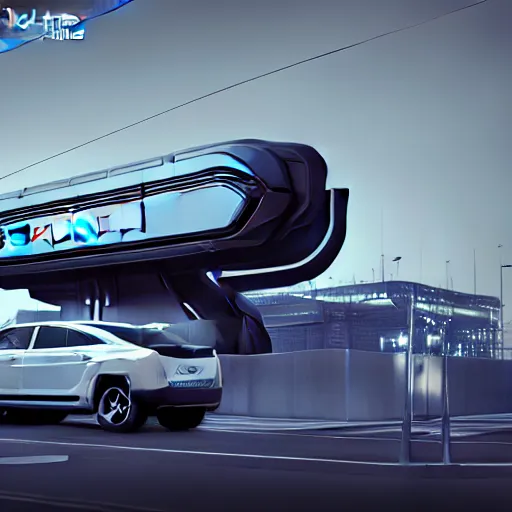 Image similar to sci-fi wall structure logotype and car on the coronation of napoleon painting and digital billboard in the middle, unreal engine 5, keyshot, octane, artstation trending, ultra high detail, ultra realistic, cinematic, 8k, 16k, in style of zaha hadid, in plastic, dark, tilt shift,