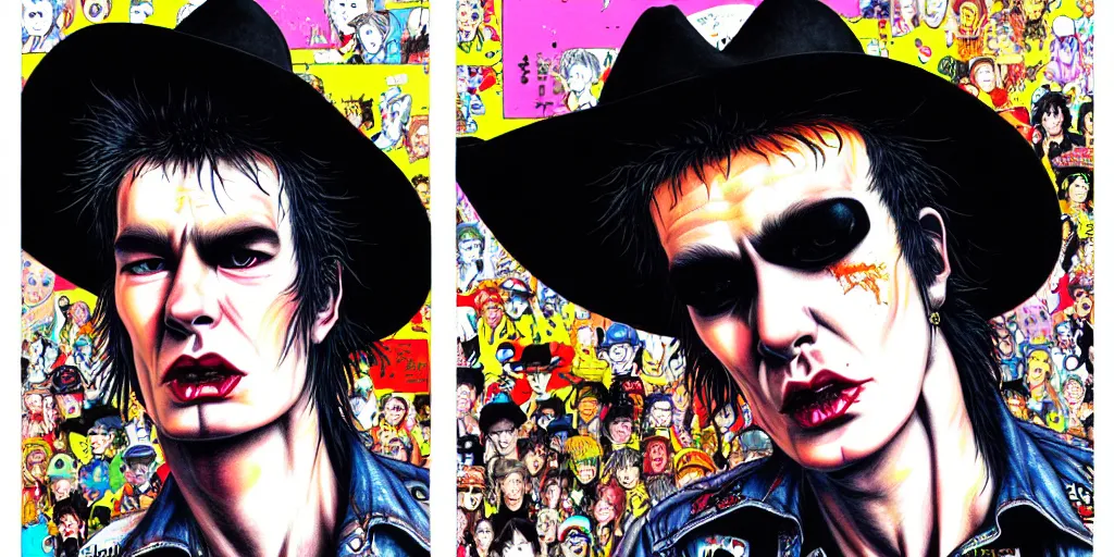 Image similar to full view of sid vicious, wearing a cowboy hat, style of yoshii chie and hikari shimoda and martine johanna, highly detailed