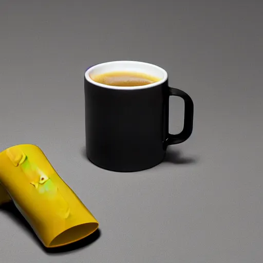 Image similar to yellow coffee mug is made of aluminium, steamy coffee on mug, mug looks similar to a rimowa portmanteau with handle